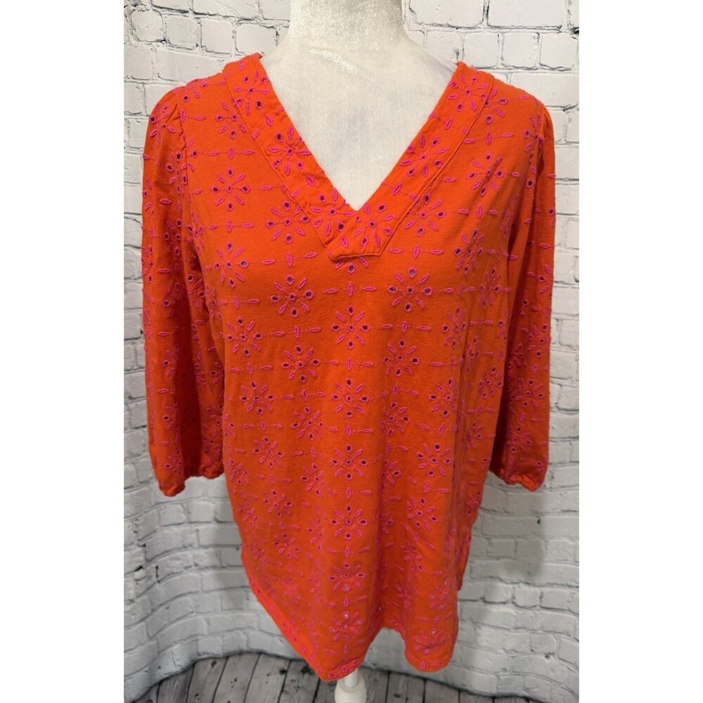 J Jill Womens Tunic Top Orange Pink Eyelet 3/4 Sleeves Cotton V Neck Blouse S